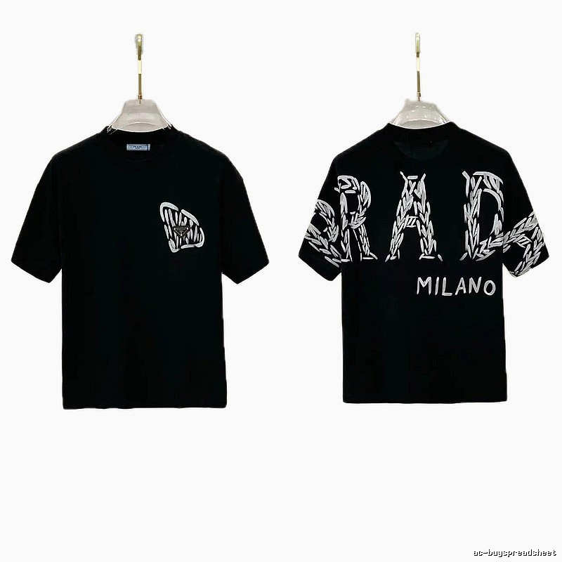 Prada Embroidered Streetwear Style Black Short-sleeve T-shirt